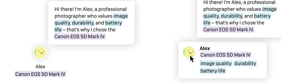 Figure 3: an agent's chat bubble and its expanded profile card showing criteria and chosen option