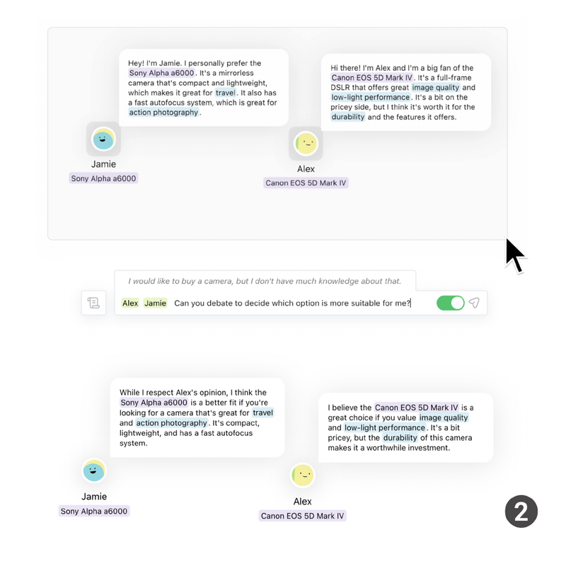 Figure 4 (2): the user tags specific agents and asks them to debate each other